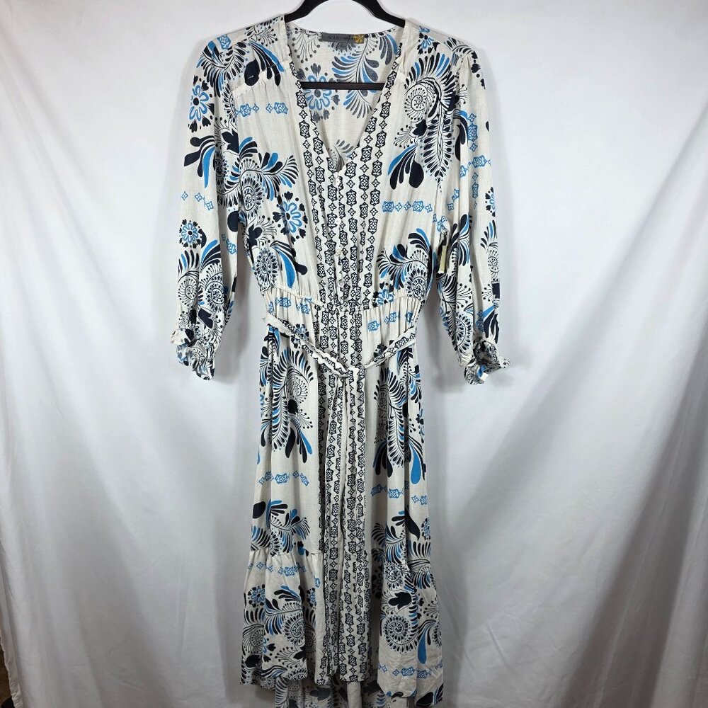 Figueroa & Flower Hi-Low Dress Women's Size Large Black & Blue Paisley Floral